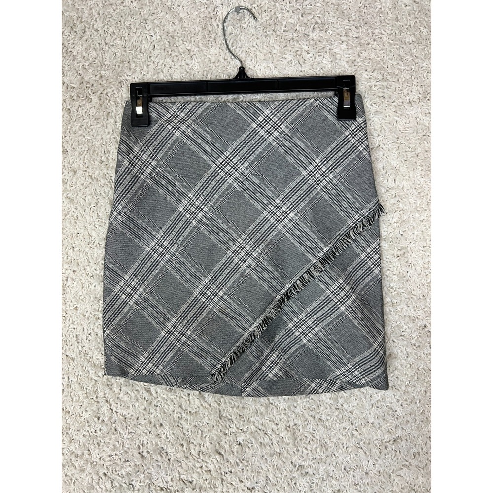 Free People Mini Skirt Womens Size 0 Gray Plaid‎ Fringe Faux Wrap Collegiate